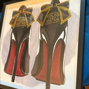 Very, very large oil, painting of high heel shoes, thick glass, black frame,